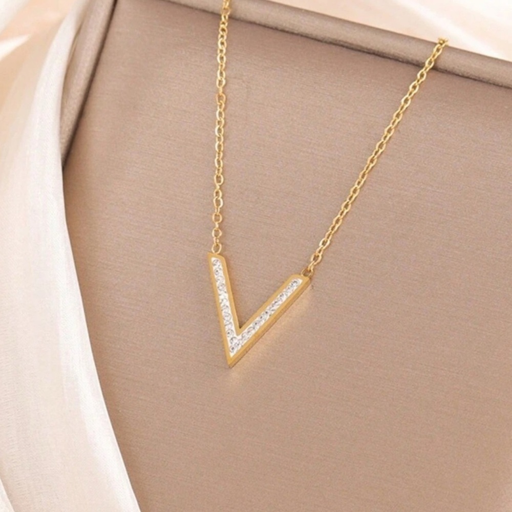 Gold Plated Stainless Steel V Pendant Necklace CZ Accent Minimalist Statement